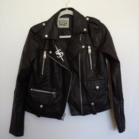 Levi's faux leather bomber jacket painted Saints & Sinners graphic on back.  Med - Picture 1 of 16